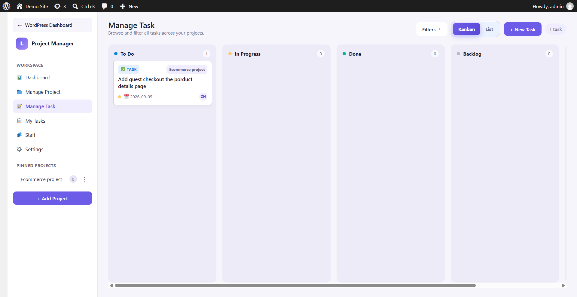 Manage Task kanban view with To Do, In Progress, Done, and Backlog columns