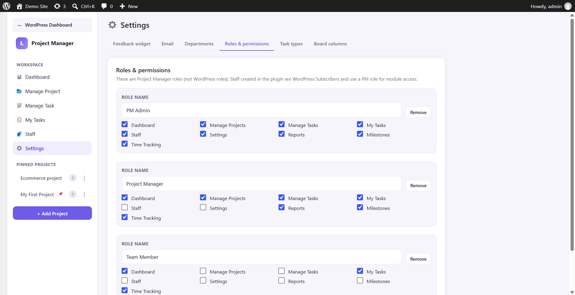 Roles and permissions matrix for PM Admin, Project Manager, and Team Member