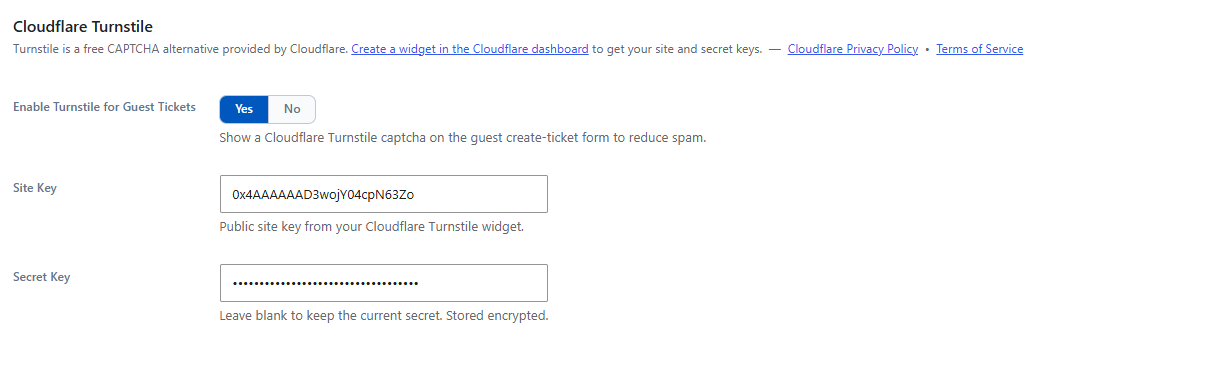 Cloudflare Turnstile settings