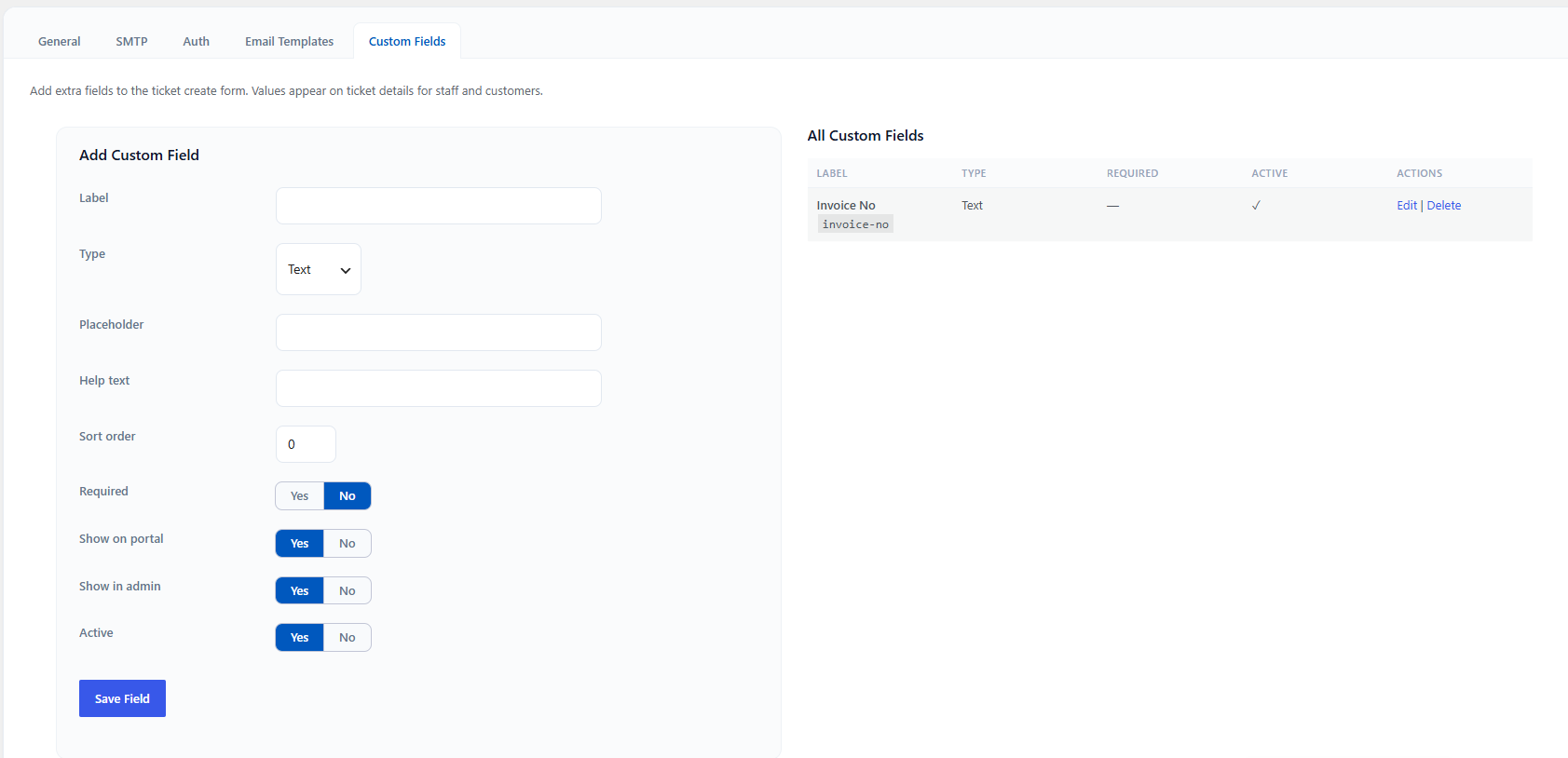 Custom Fields settings