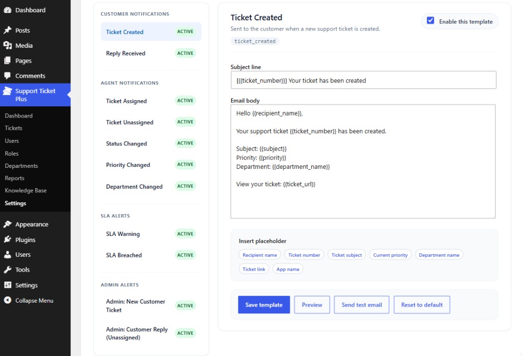 Email notification template editor