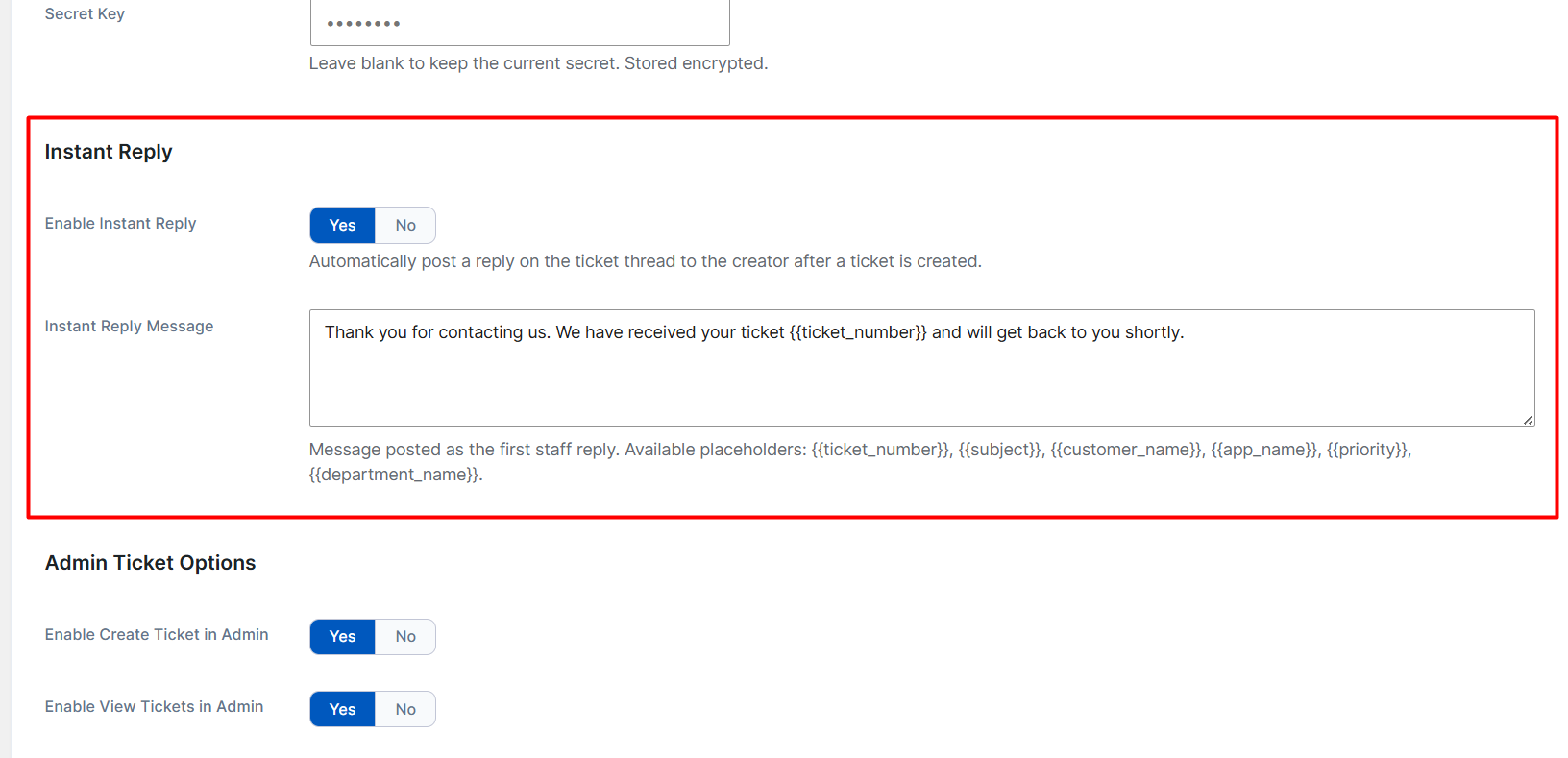 Instant Reply settings