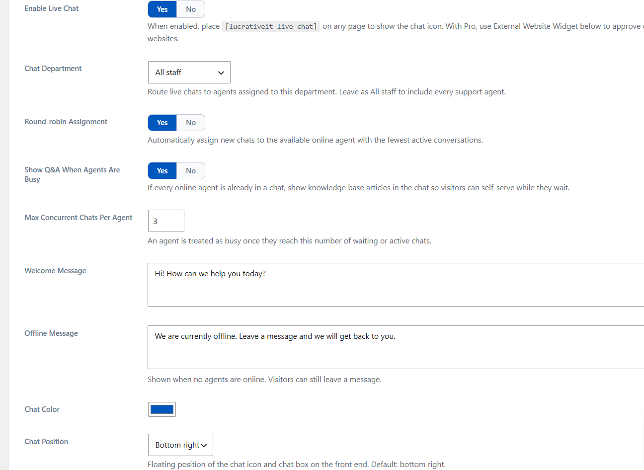 Live Chat settings