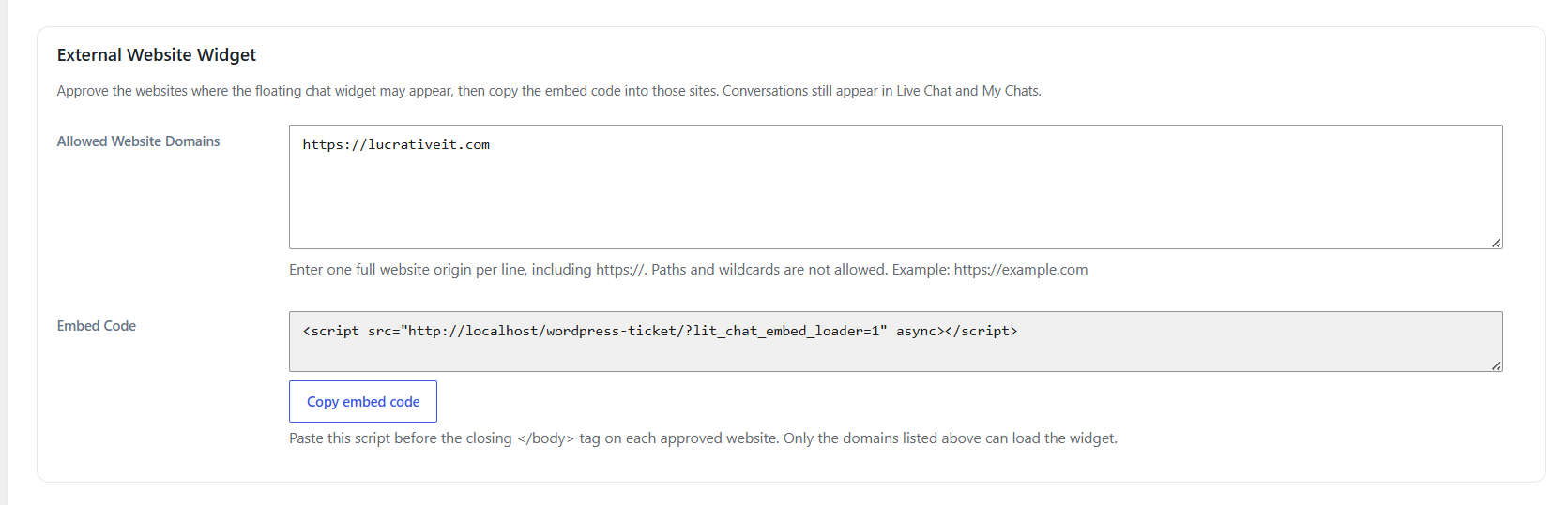 External website widget settings
