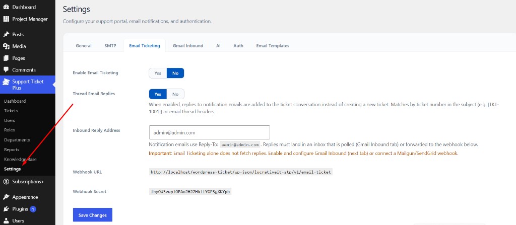 Email ticketing settings