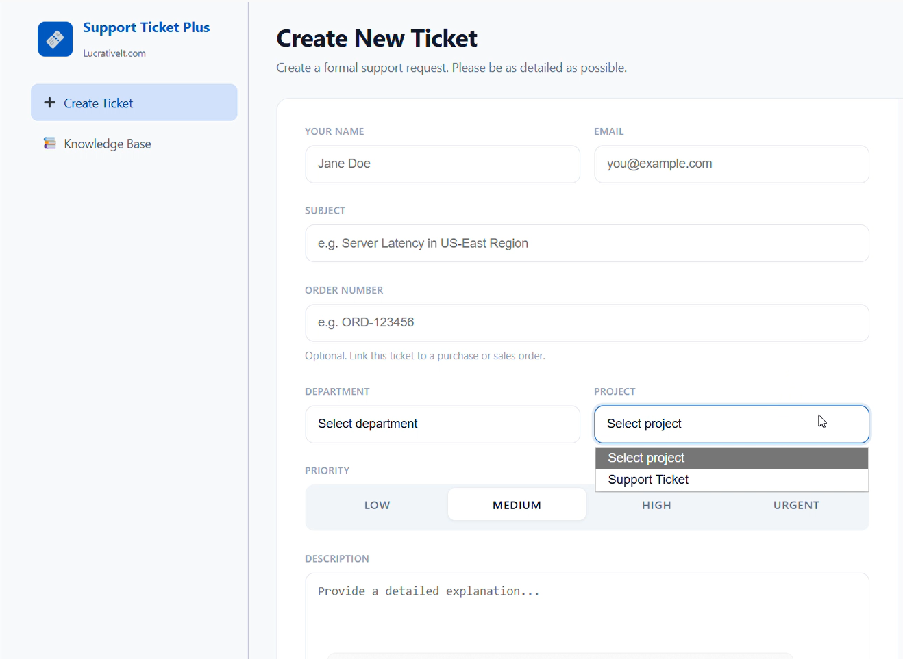 Project field on create ticket form