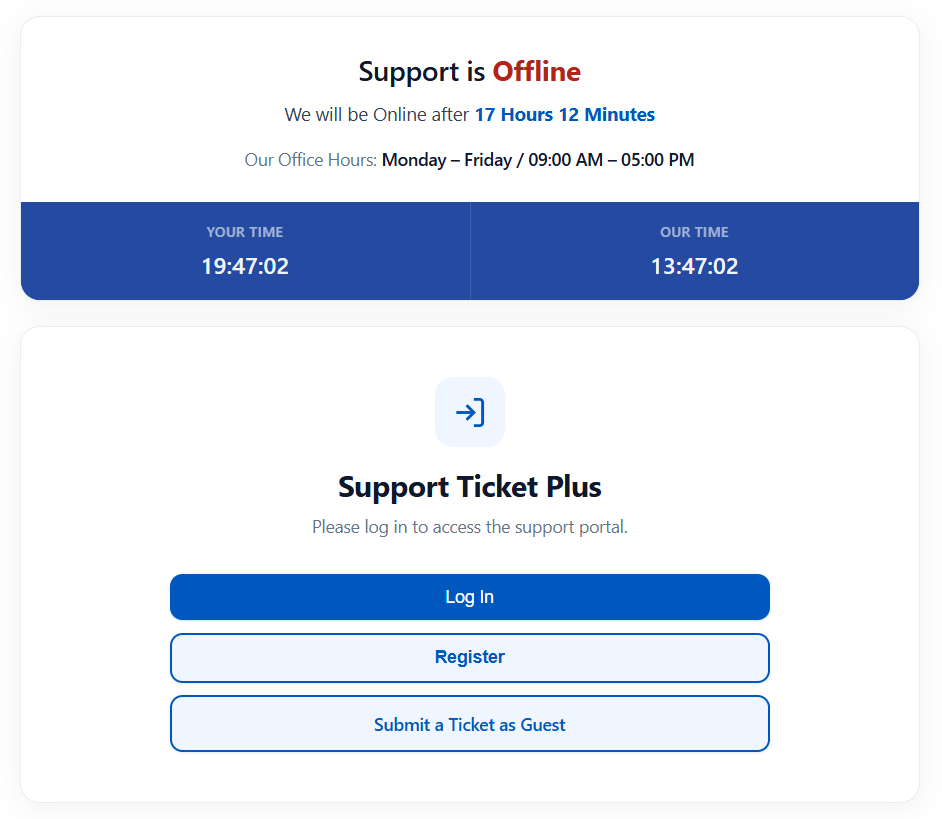 Support Hours on the portal login screen