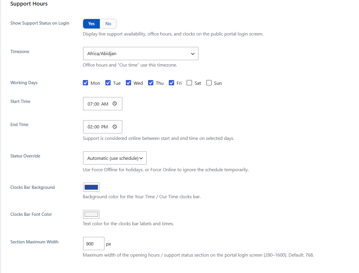 Support Hours settings in admin