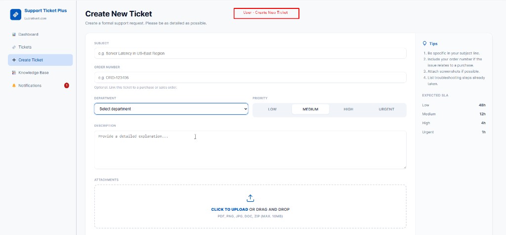 Create new ticket form